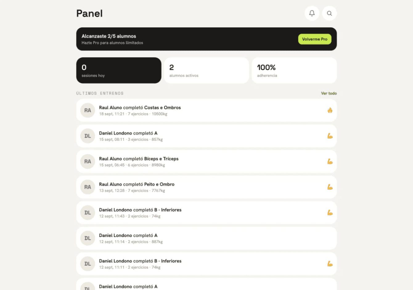 Panel web de Trainer Fácil